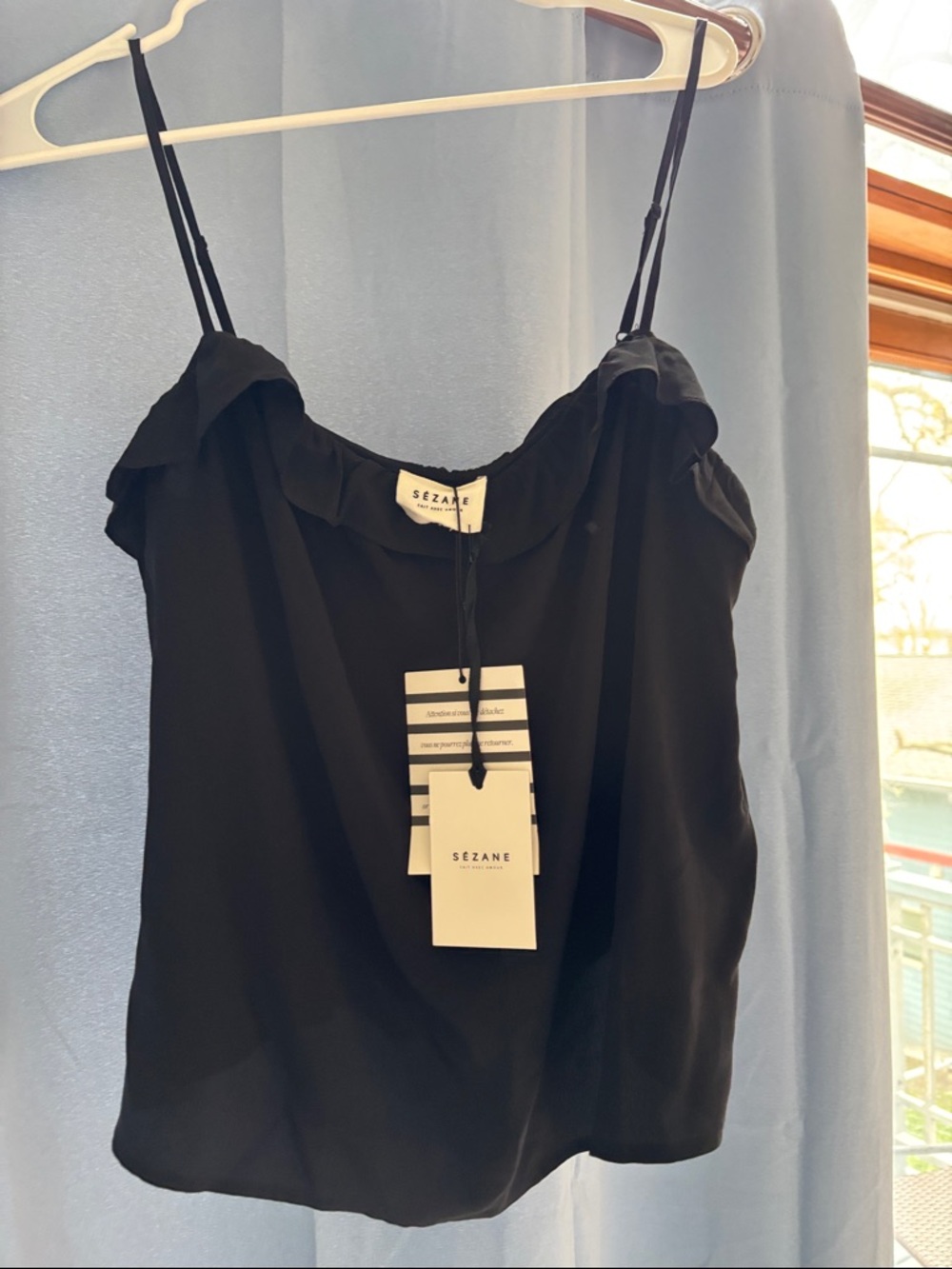 Sezane Black Ruffle-Trim Silk Camisole